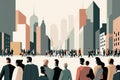 minimalist illustration with people and cityscape, showing bustling and active urban environment