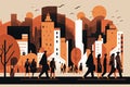 minimalist illustration with people and cityscape, showing bustling and active urban environment