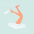 Minimalist Illustration of Legs Kicking Upward in Pale Blue Water