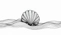 Minimalist illustration seashell on water waves. Artwork features continuous line drawing with black lines on white background. Royalty Free Stock Photo