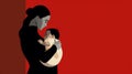 Minimalist Illustration: Woman Holding Baby Against Red Background