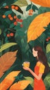 A minimalist illustration of a woman holding a cup of hot coffee, on a coffee farm