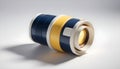 A minimalist image of a blue, yellow, and white camera lens on a gray background, representing photography and creative Royalty Free Stock Photo