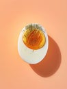 Minimalist image of a cut boiled egg seasoned with ground black pepper, on salmon-colored background. Generative AI