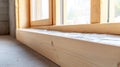 Minimalist image of insulated subframe and padding below window, featuring an even-toned backdrop and natural wood textures Royalty Free Stock Photo