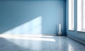 Blue wall empty room with light glare. Nobody, smooth floor. Generative AI.