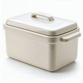 Rectangular ceramic container with lid, neutral tone, kitchenware composition on white background Royalty Free Stock Photo