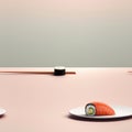 Minimalist Image Of Single Sushi Roll On White Plate, Featuring Clean Lines And Simple Garnish. Seamless Background. Generative AI Royalty Free Stock Photo