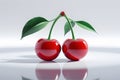 Minimalist image of Two fresh cherries with cherry leaf isolated on white background Royalty Free Stock Photo