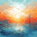 Minimalist Impressionism Art: Abstract Painting Of Sunset In Teal And Orange Royalty Free Stock Photo