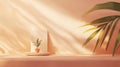 A minimalist indoor scene with a potted plant, a white rectangular panel, and a palm tree. Royalty Free Stock Photo