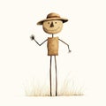 Minimalist Ink Wash Cartoon Scarecrow Standing In Grass