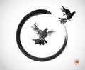 Minimalist ink wash painting with two doves flying out of the in black enso zen circle on white background. Traditional
