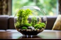 Minimalist interior design bright living room with planted fish bowl and vivarium