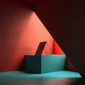Minimalist interior design, 3D render, empty room with blue and red walls