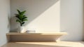 Minimalist interior design featuring a floating wooden shelf, a potted plant, and a stack of books, bathed in soft sunlight. Royalty Free Stock Photo