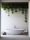 Minimalist interior design of modern bathroom with white bath tub and greenery Royalty Free Stock Photo