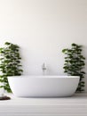 Minimalist interior design of modern bathroom with white bath tub and greenery Royalty Free Stock Photo