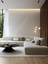 Minimalist interior design of modern living room with white corner sofa and wavy paneling wall