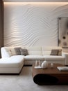 Minimalist interior design of modern living room with white corner sofa and wavy paneling wall