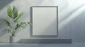 Minimalist Interior Design with a Plant, Empty Frame, and Concrete Platform Royalty Free Stock Photo