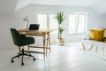 Minimalist interior design of studio apartment in Scandinavian style. White living room in loft with modern luxury furniture. Cozy Royalty Free Stock Photo