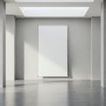 A minimalist interior features a large vertical white banner hanging on a gray wall. Th Royalty Free Stock Photo