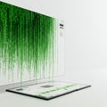 A minimalist interior features a wall-mounted digital screen displaying cascading Royalty Free Stock Photo