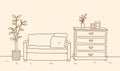 Minimalist interior furniture of sofa with dressing table and interior plant. hand drawn vector doodle illustration Royalty Free Stock Photo
