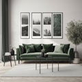 Minimalist Interior with Green Sofa and Black and White Photographs