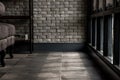 Minimalist interior of living room with sofa, brick wall and windows, Loft style room.