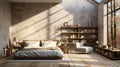 Minimalist interior of modern luxury bedroom. Concrete grunge walls, rough wooden bed and side tables, bookshelves, home