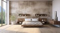 Minimalist interior of modern luxury loft bedroom. Concrete grunge walls, rough wooden bed and side tables, console
