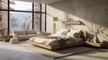 Minimalist interior of modern luxury loft bedroom. Concrete walls and floor, rough wooden bed, tables and shelves, home