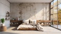 Minimalist interior of modern luxury loft bedroom. Concrete walls, rough wooden bed and side tables, decorative plants