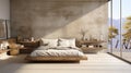 Minimalist interior of modern luxury loft bedroom. Concrete walls, rough wooden bed and side tables, decorative vases