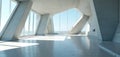 Minimalist interior room with angular concrete walls and large windows looking out to sea. Sunlight streams in creating geometric Royalty Free Stock Photo