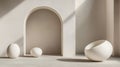 Minimalist interior with white sculptures and archway Royalty Free Stock Photo