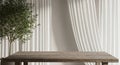 Minimalist interior with wooden table, olive tree and white curt Royalty Free Stock Photo
