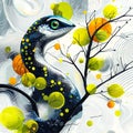 minimalist interpretation serpent temptress entwined apple tree showcasing bold colors and abstract patterns reflecting