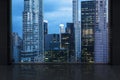 Minimalist interrior with a huge window and panoramic New York city.