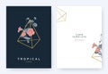 Minimalist invitation card template design, red Tropaeolum flowers flowers in golden polygon geometric triangle shape on dark blue