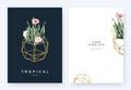 Minimalist invitation card template design, tropical plants and poppy, daffodil and tulip flowers in golden polygon geometric