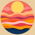 Minimalist Island Sunset: Geometric Waves In Earthy Palettes