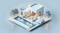 Minimalist isometric illustration of a modern house with a swimming pool and trees Royalty Free Stock Photo