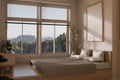 A minimalist Japanese bedroom style with a comfy bed by the window with a beautiful mountain view