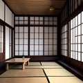 A minimalist, Japanese tea room with tatami mat flooring, shoji screens, and a traditional low table5