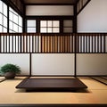 A minimalist, Japanese tea room with tatami mat flooring, shoji screens, and a traditional low table2