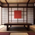 A minimalist, Japanese tea room with tatami mat flooring, shoji screens, and a traditional low table1