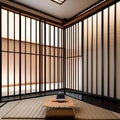 A minimalist, Japanese tea room with tatami mat flooring, shoji screens, and a traditional low table4